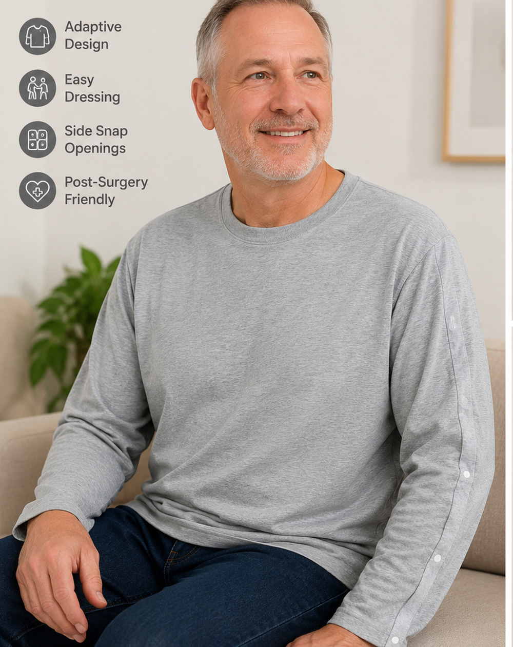 Deyeek Adaptive Long Sleeve LShirt Gray Side Snap Easy Dressing Disability Care